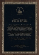 Long Beach Lifeguard Association Award of Recognition plaque for Donna M. Griggs