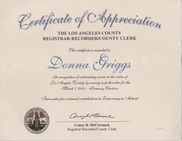 Appreciation from Los Angeles County Registrar for inspector service
